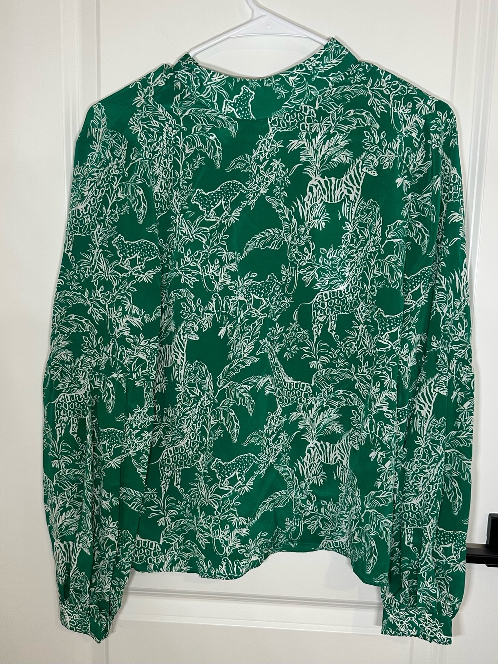 Lilly Pulitzer Emerald Green and White Tropical Tie-Neck Blouse
